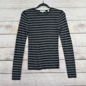 Vince Ribbed Striped Top Womens Small Charcoal Grey Long Sleeve Crew Neck